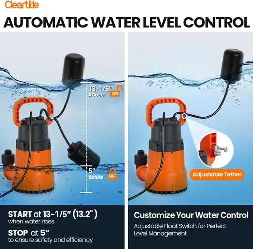 Miniatura 7 de Cleartide Bomba de sumidero sumergible con interruptor de flotador atado, bomba de agua utilitaria de 1/4 HP, motor 100% cobre, bomba de drenaje