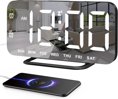 Reloj de alarma digital LED delgado, superficie de espejo para maquillaje, con atenuación, pantalla grande, configuración fácil, puertos USB,
