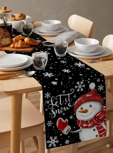 Miniatura 6 de Camino de mesa de muñeco de nieve de Navidad negro – Lino de algodón de 36 pulgadas de largo, bufandas de vestido de Navidad con copo de nieve
