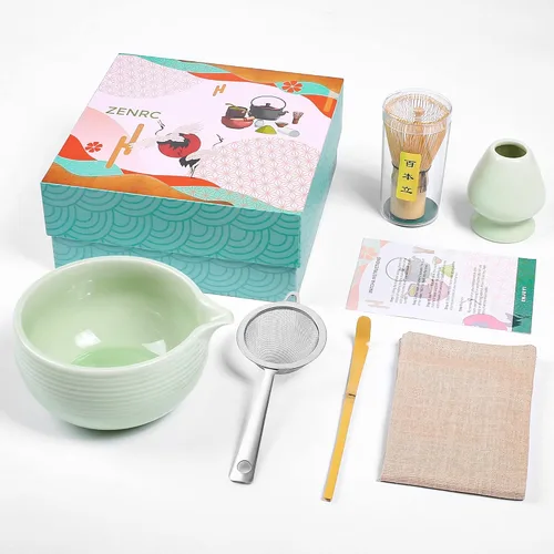 Kit Ceremony Matcha – Batidor de bambú (Chasen) Scoop (Chashaku) Chawan Bowl con boquilla para verter colador de soporte para batidor, el juego