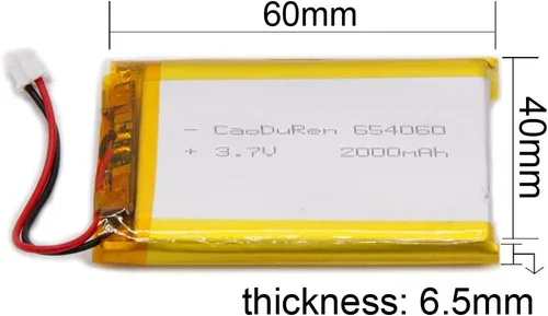 Miniatura 2 de Número de pieza verificado MSDS: 654060, batería recargable de iones de polímero de litio Li Lipo de 3.7V 2000mAh con conector JST de 2 pines