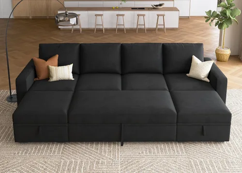 Miniatura 16 de HONBAY Sofá seccional modular con cama extraíble, sofá cama con forma de U extraíble con secciones de almacenamiento para sala de estar - Beige