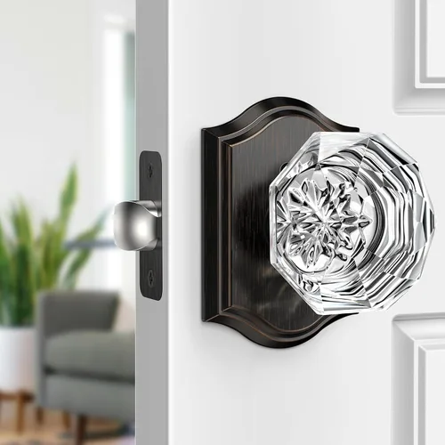 Miniatura 32 de Pomos de puerta de cristal para interiores, pomos de puerta de cristal de latón envejecido con cerradura para uso de privacidad, pomos de puerta
