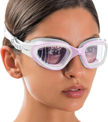 AqtivAqua DX - Gafas de natación con visión amplia para adultos, hombres y mujeres, antiempañamiento y sin fugas Gafas blancas y rosas + estuche rojo