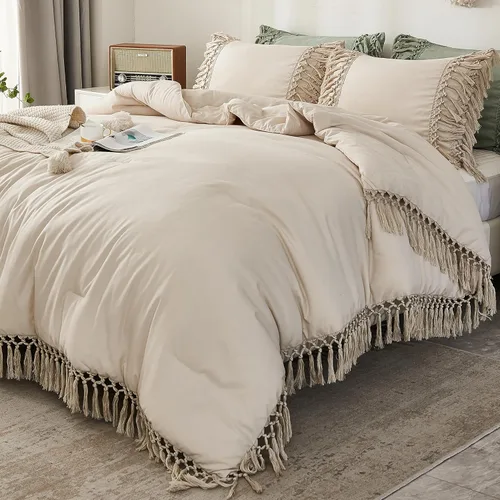 Miniatura 21 de Andency - Juego de edredón blanco de 3 piezas, tamaño King, con borlas estilo bohemio, edredón ligero y suave para cama King, juego de edredón