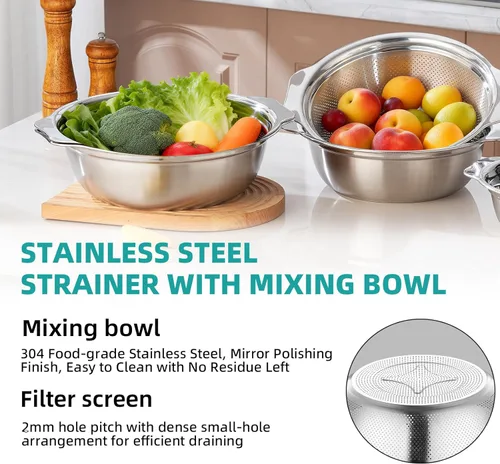 Miniatura 3 de Colador de acero inoxidable para cocina de 2 cuartos de galón, colador microporoso con tazón para mezclar, colador de arroz para lavar verduras