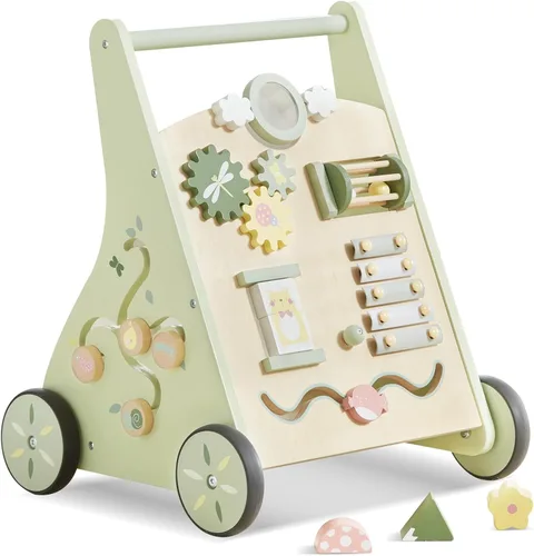 Andador de bebé de madera Beright Push and Pull Andador de aprendizaje con múltiples actividades para niños, juguete de centro de actividades que