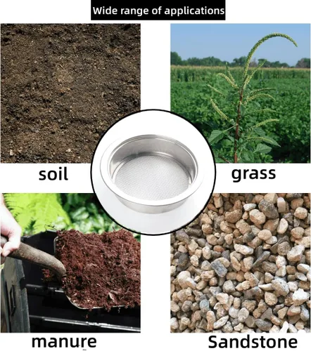 Miniatura 7 de Juego de tamiz de suelo para jardín con 5 tamaños de filtro de malla de tamiz y pala, bandeja de tamiz apilable de acero inoxidable para tierra