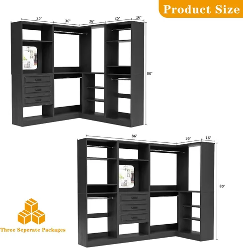 Miniatura 7 de Unikito Sistema de armario con cajones, sistema modular de organizador de armario de esquina de 86 pulgadas con espejo, organizador de armario