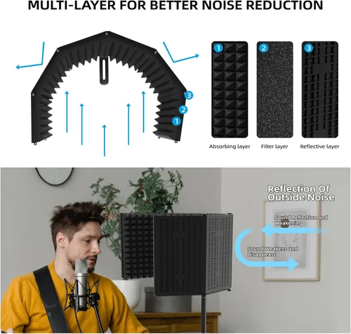 Miniatura 2 de Escudo aislante para micrófono – Panel insonorizado plegable y ajustable para grabación, podcast, cabina vocal, estudio y uso doméstico