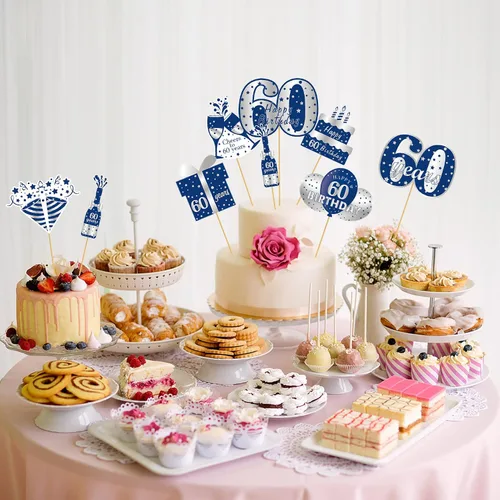 Miniatura 6 de 24 decoraciones de mesa de cumpleaños de color azul y plateado para hombres, incluye 24 cartones patrones, 24 varillas, 30 puntos adhesivos