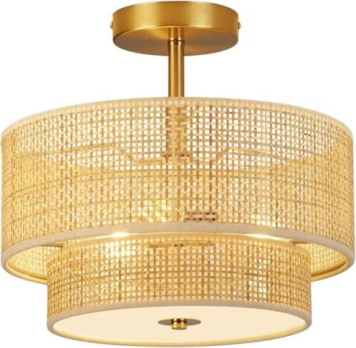 Miniatura 8 de Lámpara bohemia para techo, 13 pulgadas, lámpara de techo semiempotrada de 13 pulgadas, candelabro de granja de 3 luces, lámpara de techo de ratán