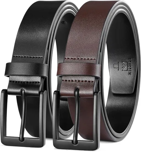 Miniatura 13 de MILORDE Cinturón de vestir de cuero para hombre, 2 unidades, hecho a mano, cuero genuino, diseños clásicos y modernos para el trabajo, negocios