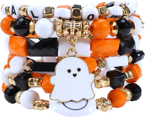 Miniatura 15 de Ardorchid Pulseras de Halloween para Mujeres Calabaza Fantasma Esqueleto Murciélago Calavera con Cuentas Apilables Elásticas Rugby Acción de Gracias