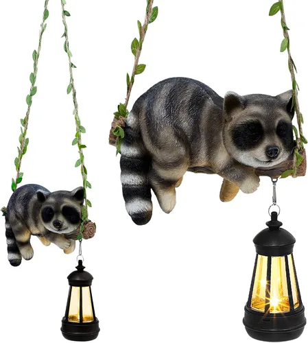 Miniatura 9 de Estatua de jardín con luz solar para exteriores, columpio colgante de 22.6 pulgadas de alto con un gato dormido y una linterna LED, figura de animal