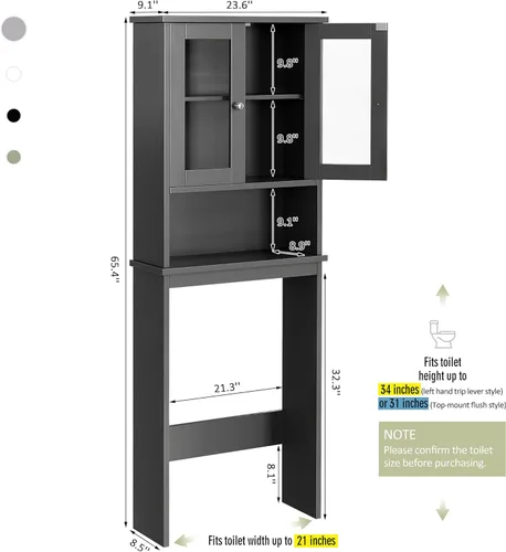Miniatura 2 de Gabinete de almacenamiento sobre el inodoro, armario de almacenamiento de baño sobre el inodoro, ahorro de espacio con 2 puertas de vidrio templado