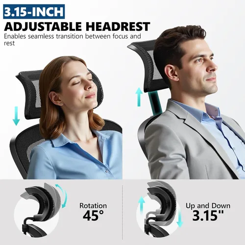 Miniatura 8 de Silla de oficina ergonómica, silla de escritorio de malla con reposacabezas ajustable y soporte lumbar, silla de computadora con ruedas con Negro