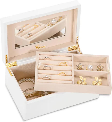 Miniatura 2 de Voova Joyero organizador de madera para mujeres y adolescentes y niñas, estuche de joyería de madera de pintura de piano de lujo con espejo, cajas
