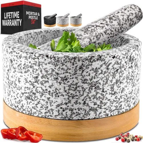 Priority Chef Juego de mortero y mano de mortero resistente con base de bambú, molinillo de piedra de granito 100% natural, tazón y machacador de