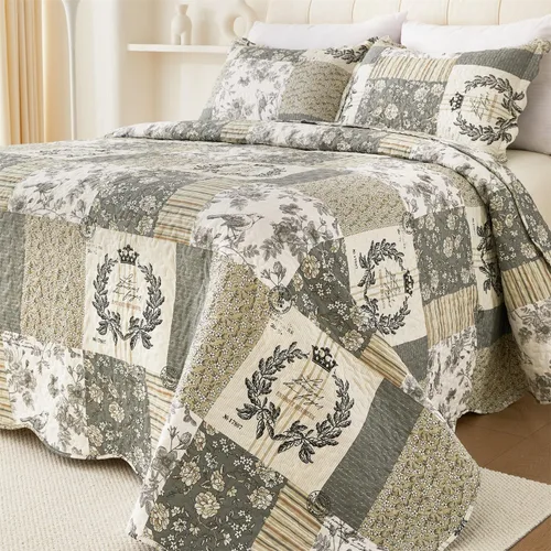 Miniatura 17 de Cmfshape - Juego de edredón de verano floral King acolchado, juego de edredón rosa romántico King, juego de ropa de cama reversible cosido para Rosa