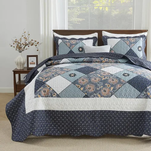 ENJOHOS Colchas tamaño Queen, colcha floral de retazos azul marino, colcha ligera reversible para todas las estaciones, juego de ropa de cama de