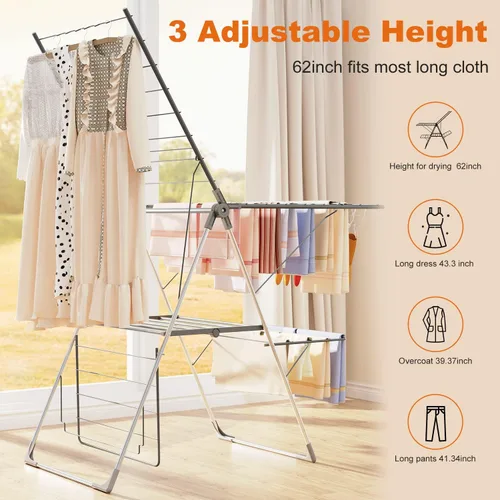 Miniatura 3 de Estante de Secado de Ropa Bigzzia Plegable, Estante de Secado de Ropa de 2 Niveles Grande para Lavandería Plegable, Estante de Secado de Acero Gris