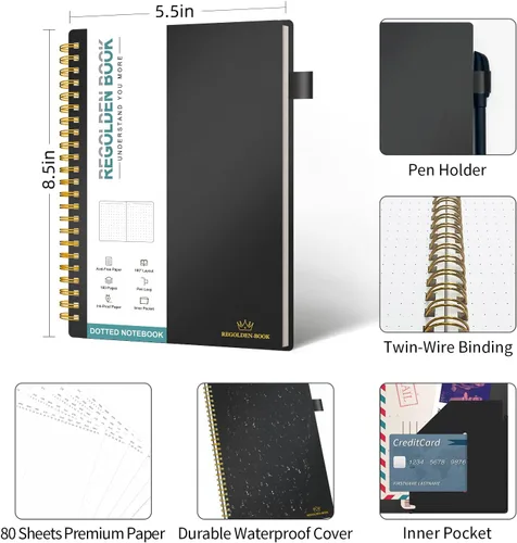 Miniatura 6 de Regolden-Book Cuaderno en espiral sin fecha de puntos, tamaño A5, cuaderno de diario con cuadrícula media, cuaderno espiral grueso con portapluma