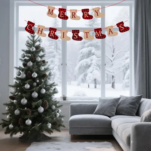 Miniatura 4 de Cartel de Feliz Navidad, decoraciones navideñas preencordadas de búfalo a cuadros, decoraciones navideñas con forma de calcetín, letrero de Feliz