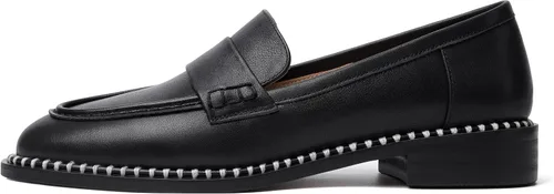 Miniatura 2 de FOGEENA Mocasines de cuero mate para mujer, estilo casual, sin cordones, punta redonda, tacón bajo grueso, zapatos de vestir de 1 pulgada