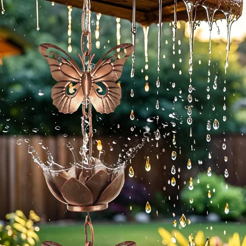 Miniatura 2 de shumi Cadena de lluvia de 8.8 pies para canalones bajantes exteriores, Cadena de lluvia de mariposa con 12 copas de cadena de lluvia de loto