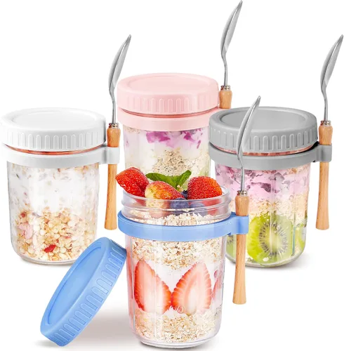 Miniatura 10 de HomArtist Recipientes de avena de 16 onzas con tapas y cucharas, paquete de 4 tarros Mason de boca ancha con tapas herméticas, tarros de avena