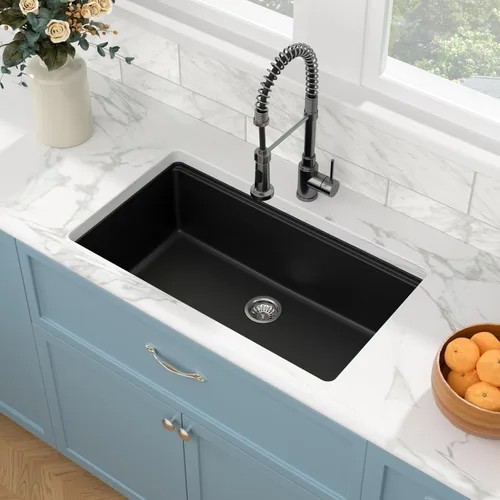 Miniatura 3 de Sarlai 33 Fregadero de cocina compuesto de granito - 33 x 19 pulgadas Granito negro bajo encimera Fregadero de trabajo de borde negro mate Granito
