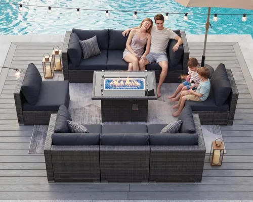 Miniatura 39 de BULEXYARD Juego de 7 piezas de sofá seccional para exteriores con respaldo alto, mesa para fogatas, juego de muebles de patio de mimbre resistente a