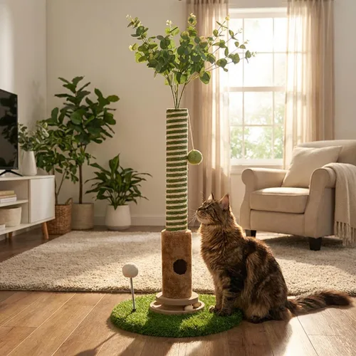 Poste rascador interactivo para gatos de 35 pulgadas de alto con hojas de eucalipto artificiales, árbol para gatos con bolas de madera y cuerda de