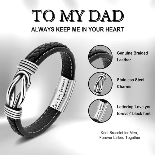 Miniatura 4 de Brown Braided Leather Stainless Steel Infinity Bracelets Lettering Love You Forever Gifts for Son Grandson Husband Boyfriend Brother Always Linked