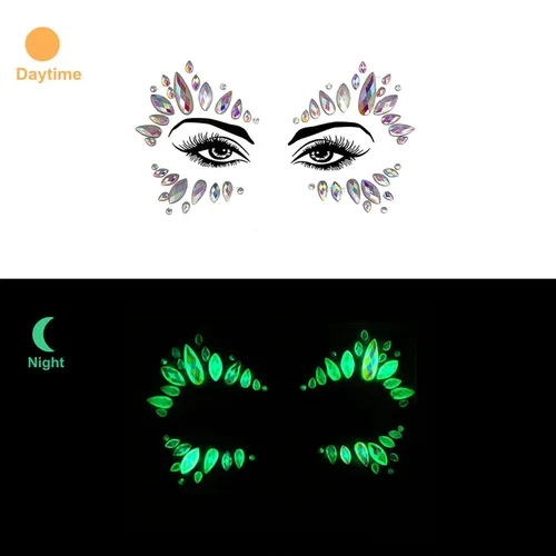Miniatura 2 de Gemas faciales 4 hojas de joyas para la cara pegadas en diamantes de imitación, calcomanías de cristal luminoso, piedras preciosas temporales