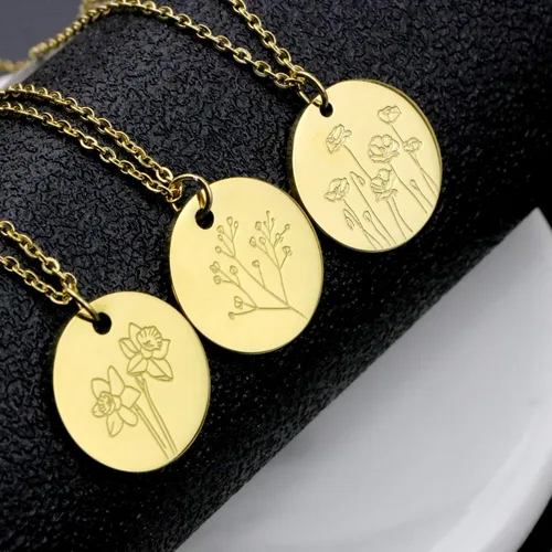 Miniatura 4 de Collar con colgante de flor del mes de nacimiento, chapado en oro de 18 quilates, delicado y sencillo mes de nacimiento, colgante de disco floral