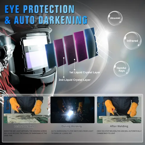 Miniatura 4 de Casco de soldadura TRQWH con luz, color verdadero, oscurecimiento automático para hombres, con energía solar, con 2 sensores de arco, sombra amplia