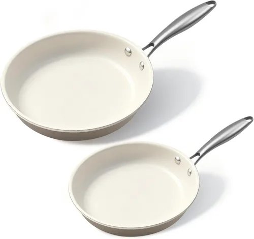 Sartén antiadherente de cerámica de 8.5 pulgadas y 10.25 pulgadas - Sin PFAS, no tóxica, apta para horno y para inducción, utensilios de cocina de