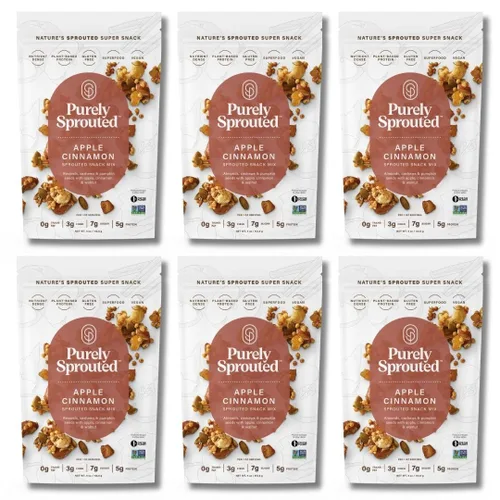 Purely Sprouted Mezcla de aperitivos de manzana y canela, almendras, anacardos y semillas de calabaza, sin OMG, proteína a base de plantas, sin
