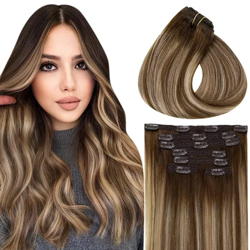Miniatura 33 de Vivien Extensiones de cabello humano con clip, color negro azabache, extensiones de cabello humano real con pinzas invisibles, doble trama, 14