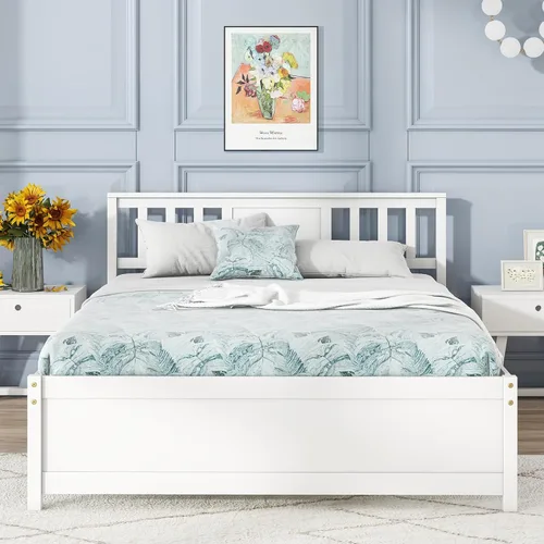 Miniatura 11 de Giantex Marco de cama de plataforma de madera maciza de tamaño matrimonial, marco de cama matrimonial de mediados de siglo con cabecero, soporte