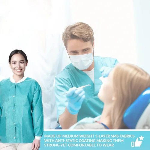 Miniatura 6 de Paquete de 10 chaquetas desechables de laboratorio, chaqueta médica reutilizable hasta la cadera, unisex, con puños de punto y bolsillos