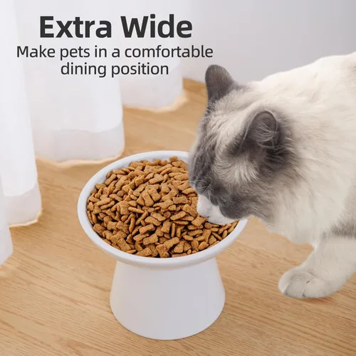 Miniatura 3 de Cuencos de Cerámica Extra Anchos Elevados de 6.2 Pulgadas para Gatos, Juego de Cuencos de Comida y Agua para Gatos Mayores Grandes y Perros Blanco-4
