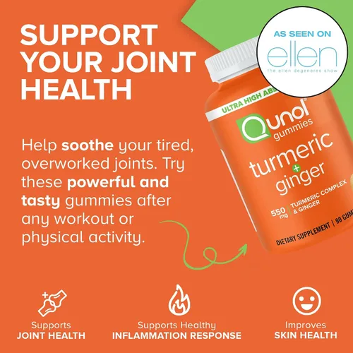 Miniatura 2 de Gomitas de cúrcuma y jengibre, gomita Qunol con 500 mg de cúrcuma + 50 mg de jengibre, suplemento de apoyo articular, tumérica y jengibre de ultra