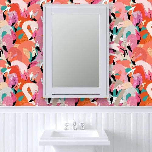 Miniatura 9 de Spoonflower Despegar y pegar muestra de papel tapiz - Naranja Rosa Grande Flamenco Pájaro Plumas Tropical Florida Coastal Collage Ilustración Casa
