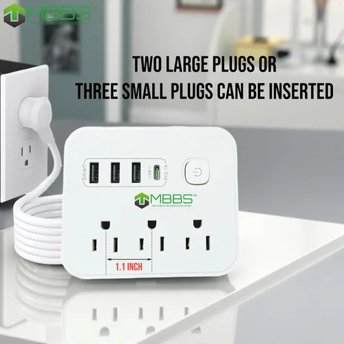 Miniatura 4 de Regleta protectora contra sobretensiones con USB C, protección 1200J, cable de extensión resistente, (7 en 1), 3 salidas de CA, 4 puertos USB, Blanco