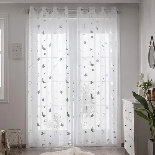 Miniatura 2 de SEEKRIGHT Twinkle Moon - Cortinas transparentes plateadas para habitación de la guardería del bebé, cortinas de encaje con ojales de estrella y luna