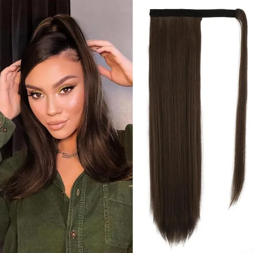 Miniatura 89 de BARSDAR Extensión de cola de caballo de 28 pulgadas largo recto envoltura alrededor del clip en pelo de fibra sintética para mujeres, negro