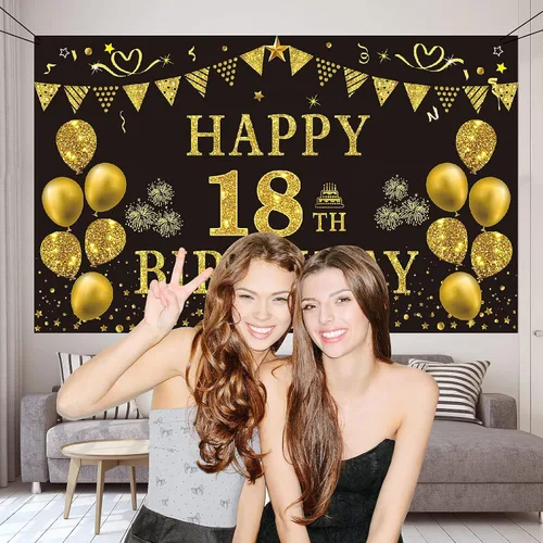 Miniatura 3 de Trgowaul Decoraciones de cumpleaños número 18 para hombres, pancarta de fondo negro y dorado de 5.9 x 3.6 pies, suministros de fotografía de feliz